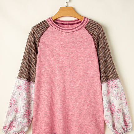 Plaid Floral Patchwork Round Neck Long Sleeve Top