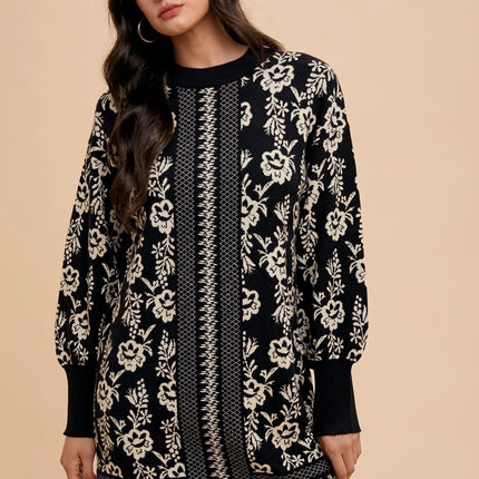 Annie Wear Floral Jacquard Round Neck Sweater Dress