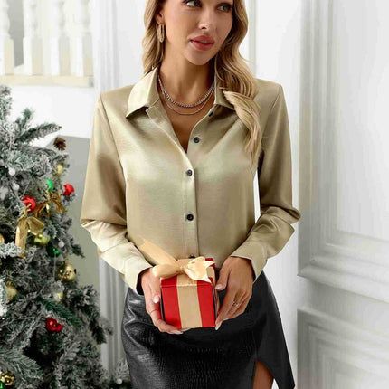 Collared Neck Button Down Long Sleeve Shirt