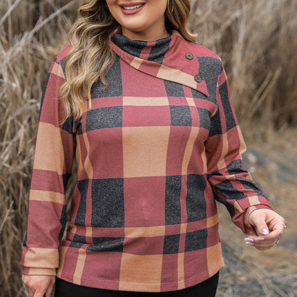 Plus Size Plaid Cowl Neck Long Sleeve Sweatshirt