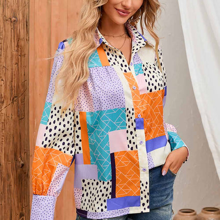 Double Take Patchwork Puff Sleeve Collared Shirt