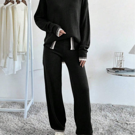 Side Slit Contrast Trim Round Neck Top and Pants Sweater Set