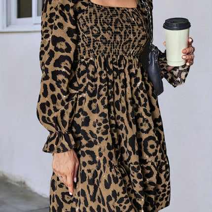 Leopard Smocked Flounce Sleeve Mini Dress