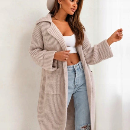 Pocketed Collared Neck Dropped Shoulder Cardigan
