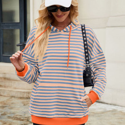 Drawstring Contrast Striped Long Sleeve Hoodie