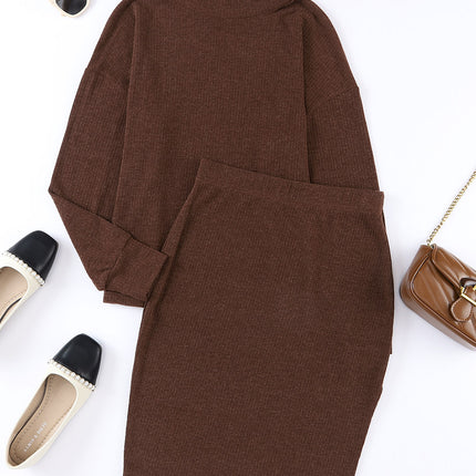 Mock Neck Long Sleeve Top and Slit Skirt Set