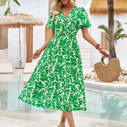 Printed Surplice Short Sleeve Midi Dress