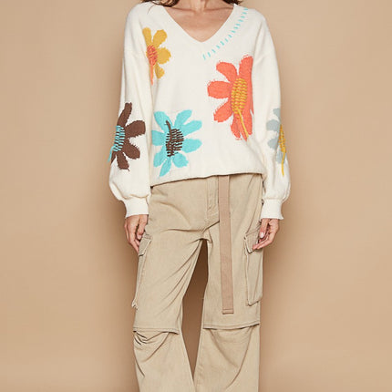 POL V-Neck Long Sleeve Flower Fringe Sweater