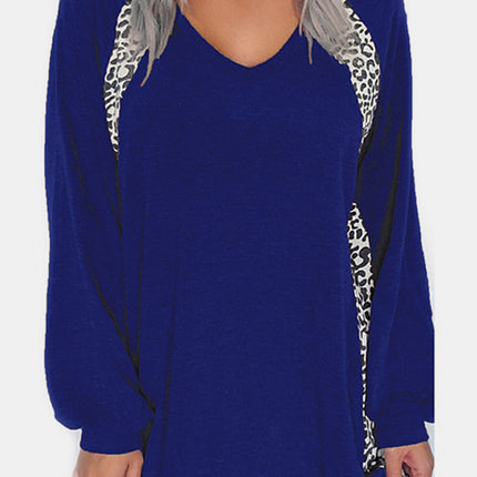 Full Size Leopard V-Neck Long Sleeve T-Shirt