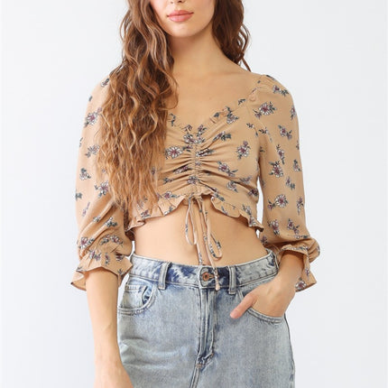 Tasha Apparel Floral Ruffle Smocked Back Ruched Crop Top