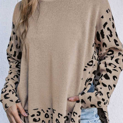 Slit Leopard Mock Neck Dropped Shoulder Sweater