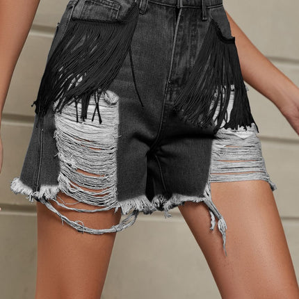 Fringe Trim Distressed Denim Shorts with Pockets