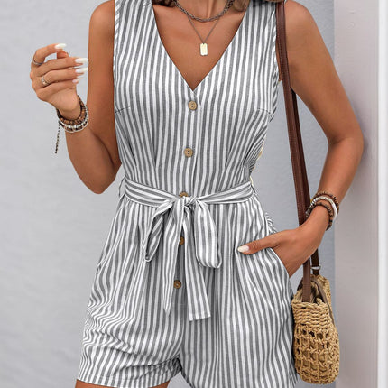 Perfee Striped V-Neck Tie Waist Romper