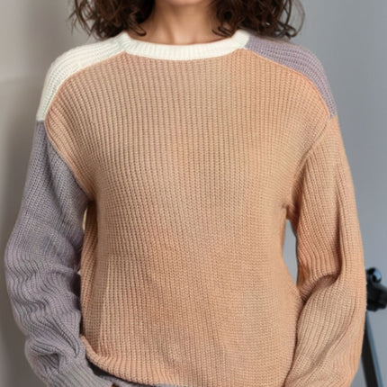 Color Block Round Neck Drop Shoulder Sweater