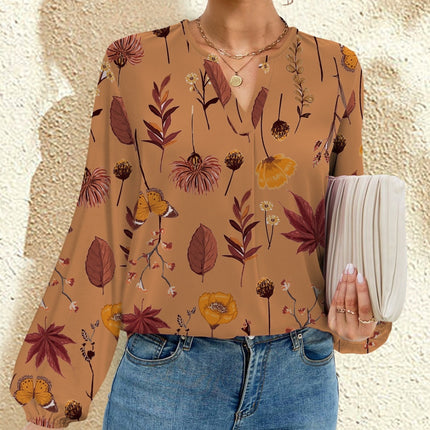 FAM-FAM Printed Notched Long Sleeve Blouse