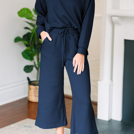 Textured Collared Neck Top and Wide Leg Pants Set