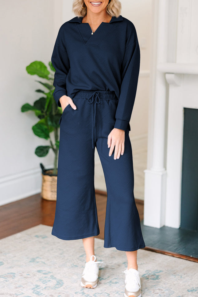 Textured Collared Neck Top and Wide Leg Pants Set - Vickie Lynn's