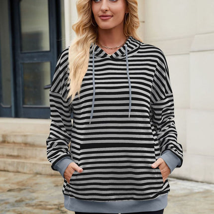 Drawstring Contrast Striped Long Sleeve Hoodie