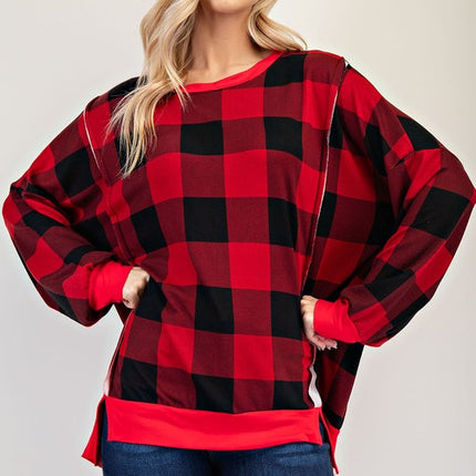 Celeste Full Size High-Low Plaid Round Neck Sweatshirt