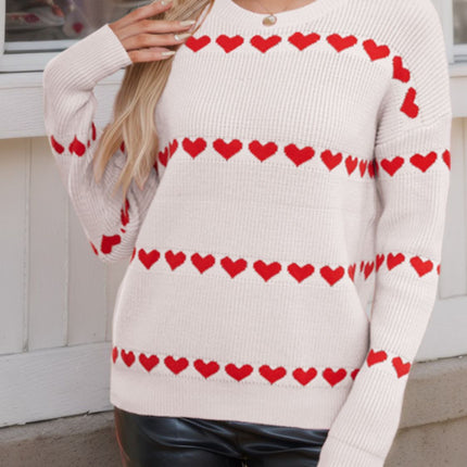 Heart Round Neck Long Sleeve Sweater