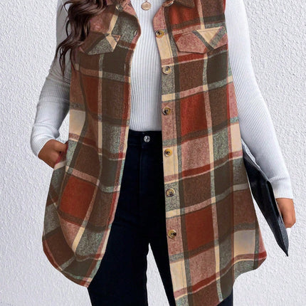 Honey Plus Size Pocketed Plaid Button Up Vest Coat - Vickie Lynn's