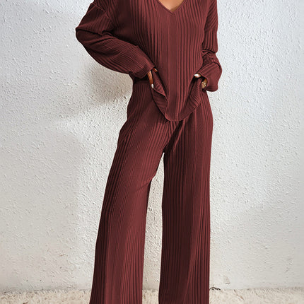 V-Neck Long Sleeve Top and Pants Set