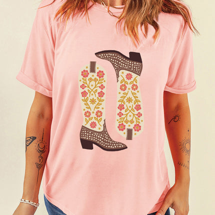 Boot Graphic Round Neck Short Sleeve T-Shirt