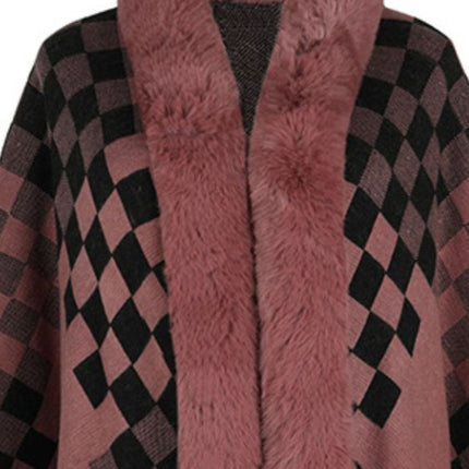 Fuzzy Checkered Long Sleeve Poncho