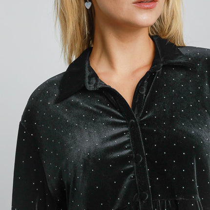 Umgee Full Size Polka Dot Button Up Half Sleeve Shirt