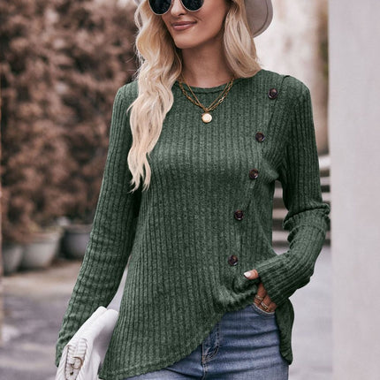 Double Take Ribbed Round Neck Buttoned Long Sleeve Tee