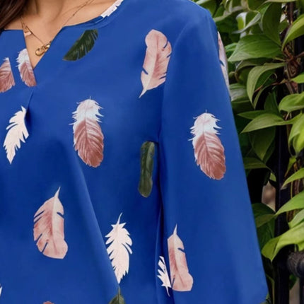 Feather Print Notched Balloon Sleeve Top