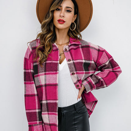 Shiny Plaid Button Up Collared Neck Jacket