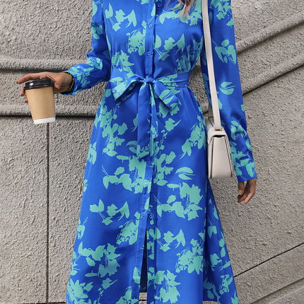 Printed Button Up Tie Waist Dress