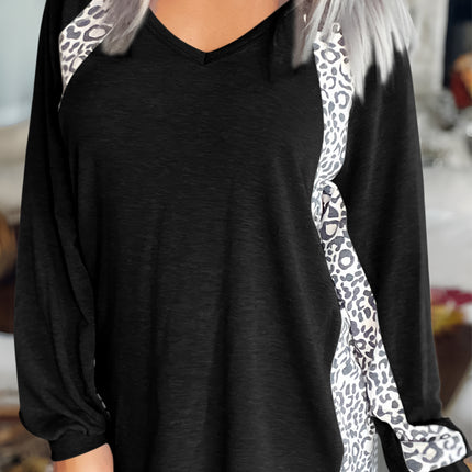 Full Size Leopard V-Neck Long Sleeve T-Shirt