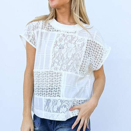 And The Why Lace Patchwork Short Sleeve Top and Cami Set