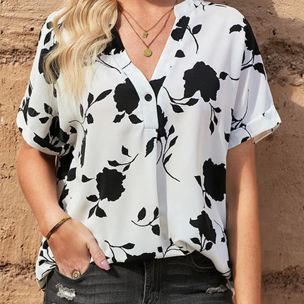Full Size Printed Notched Short Sleeve Blouse