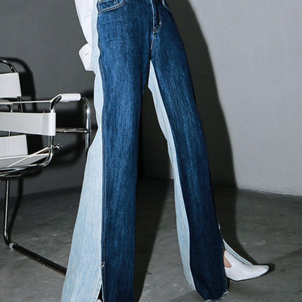 Slit Contrast Raw Hem Jeans