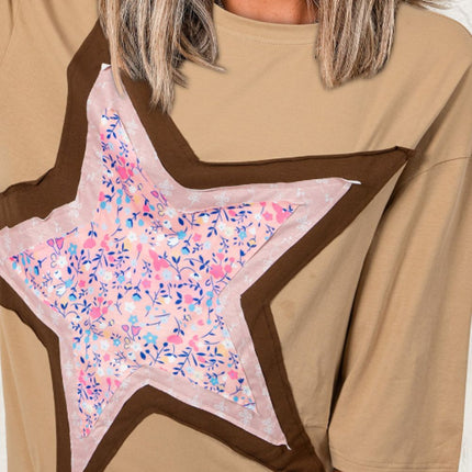 Star Applique Patch Round Neck T-Shirt