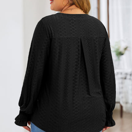 Plus Size Eyelet Notched Flounce Sleeve Blouse