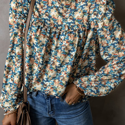 Frill Printed Mock Neck Long Sleeve Blouse