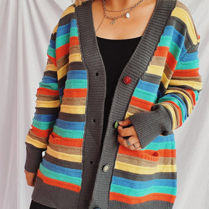 Contrast Stripes Button Up Long Sleeve Cardigan