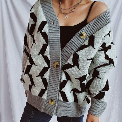 Contrast Trim Geometric V-Neck Long Sleeve Cardigan