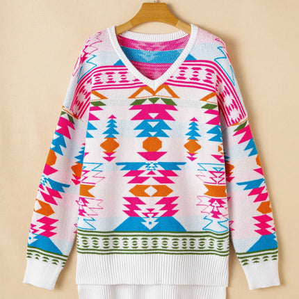 Geometric V-Neck Long Sleeve Sweater