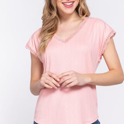 ACTIVE BASIC Lace Trim V-Neck Short Sleeve Ribbed Top