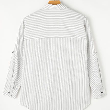 Pocketed Striped Collared Neck Long Sleeve Shirt