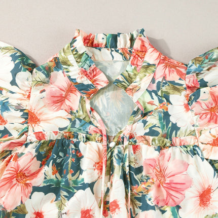 Ruffled Printed Tie Neck Cap Sleeve Blouse