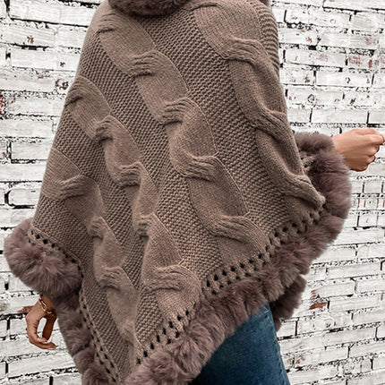 Fuzzy Hem Cable-Knit Poncho