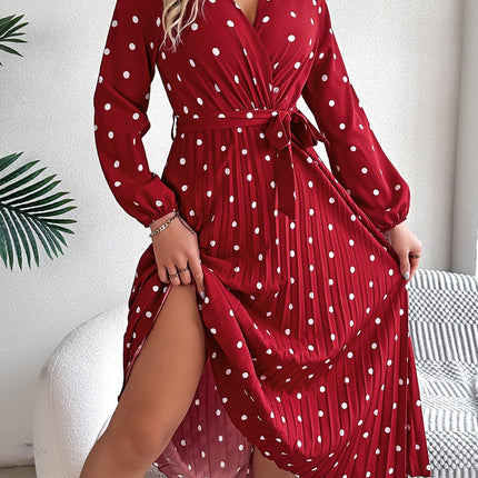 Tied Polka Dot Long Sleeve Midi Dress