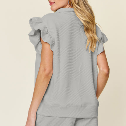 Double Take Full Size Texture Flounce Sleeve Top and Drawstring Shorts Set - Vickie Lynn's