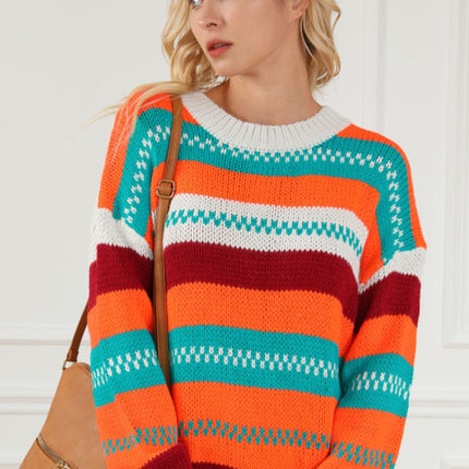 Contrast Striped Round Neck Long Sleeve Sweater